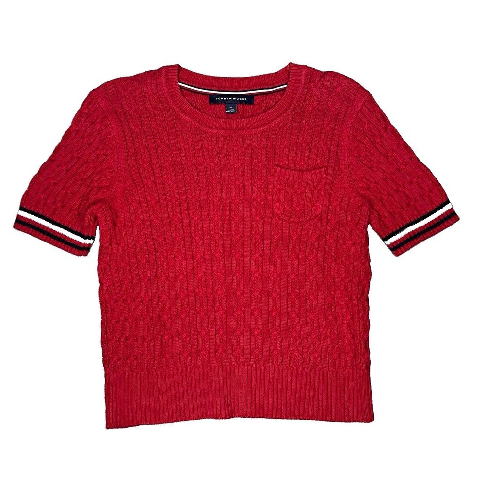 Tommy Hilfiger Womens M Red Cable Knit Crew Neck Short Sleeve Cotton Sweater